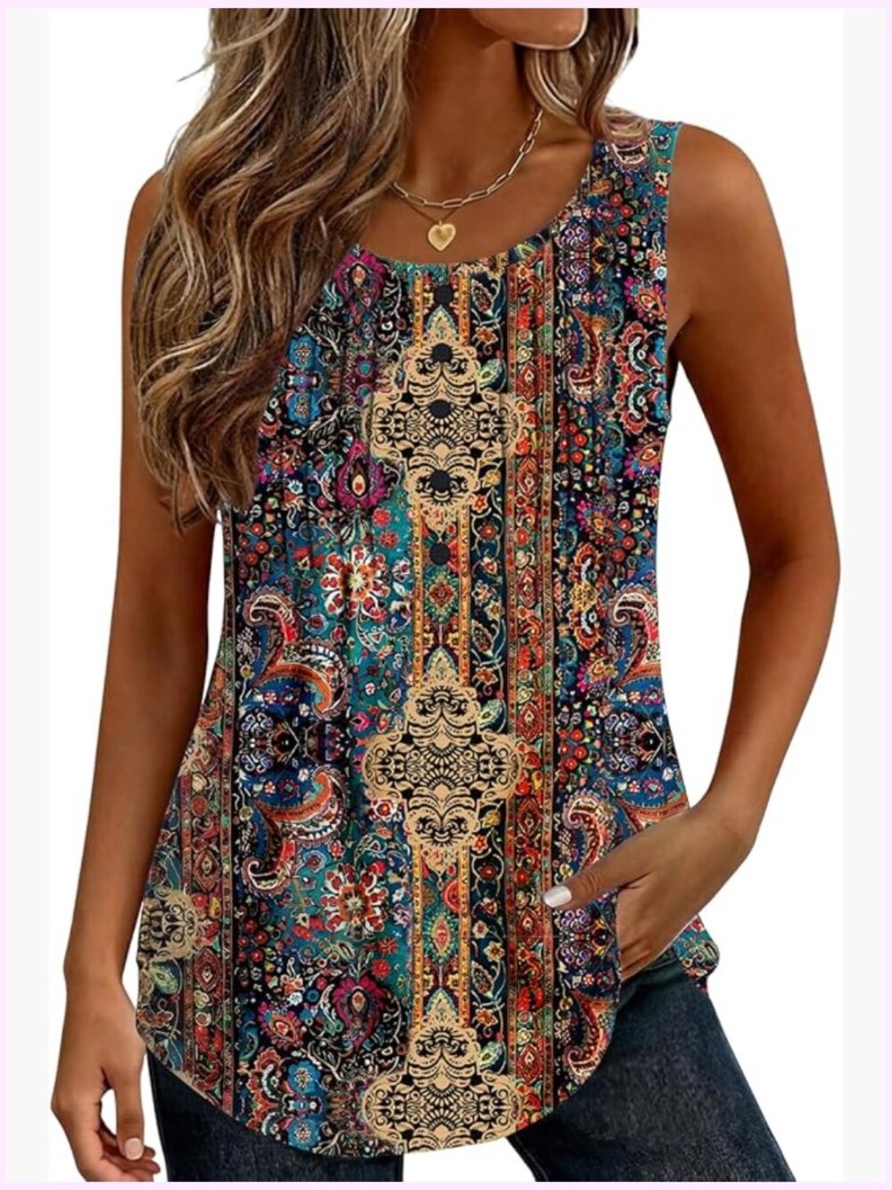 Loose Fit Crew Neck Boho Tunic Pleated Babydoll Sleeveless Tank Top with Button
